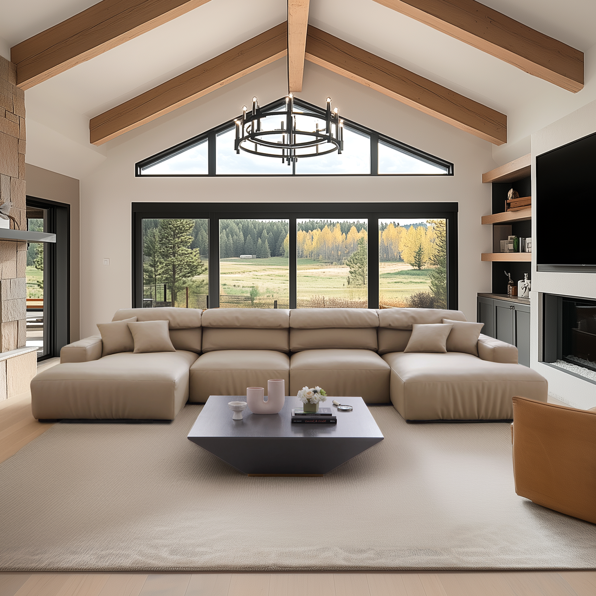 Chestnut Khaki Leather Double Chaise Sectional
