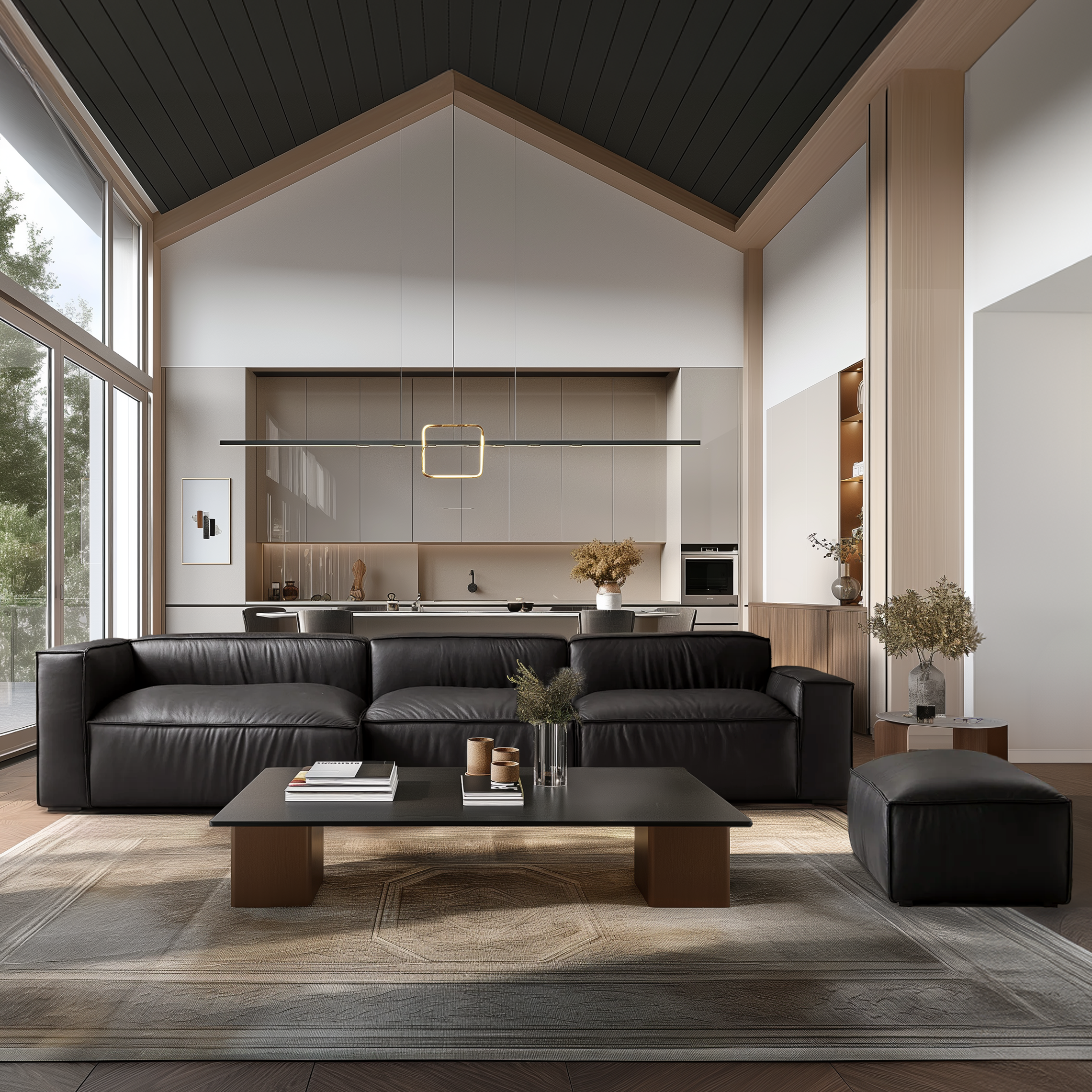 Canapé sectionnel et ottoman minimaliste de luxe en cuir noir