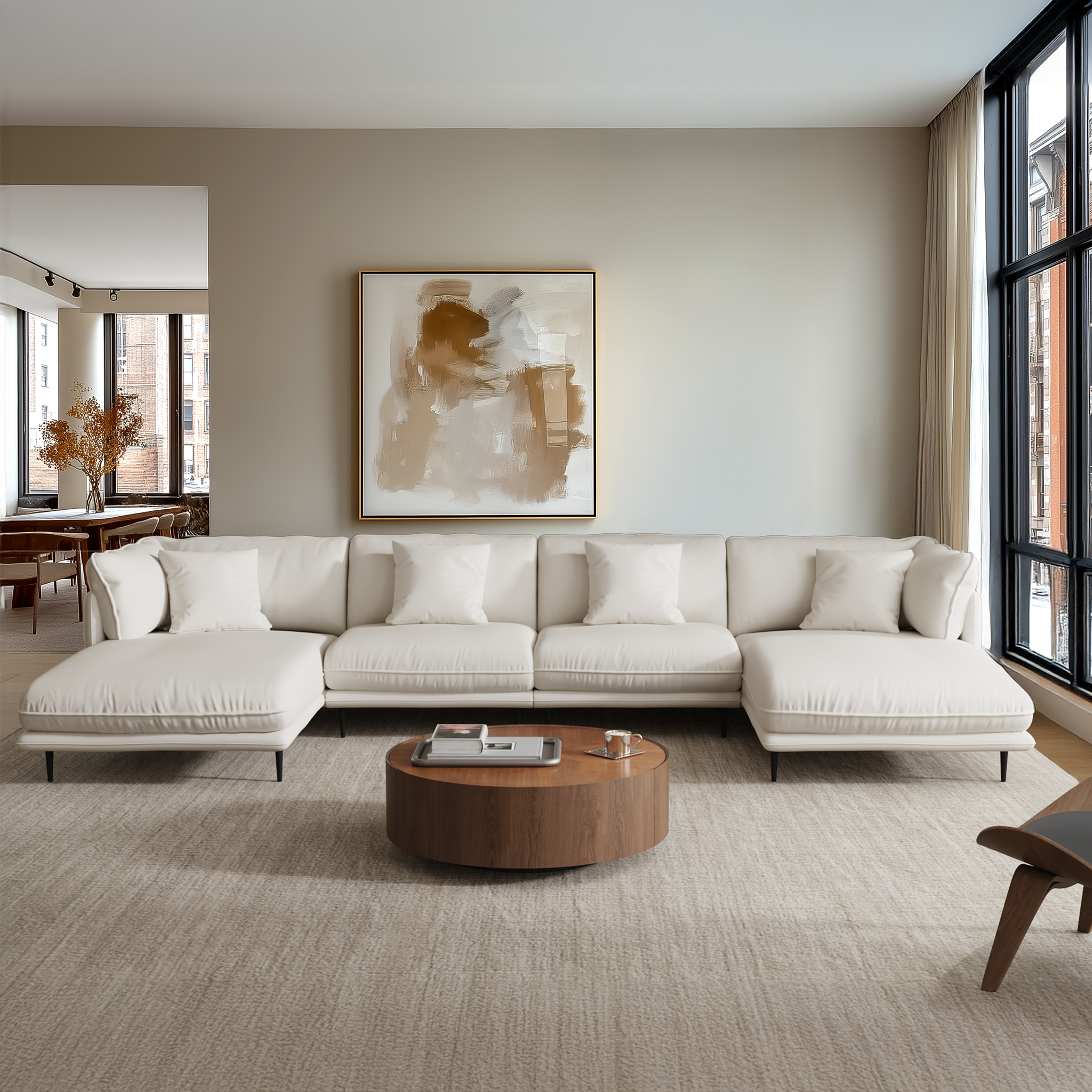 Vanilla White Leather U-Shaped Sectional