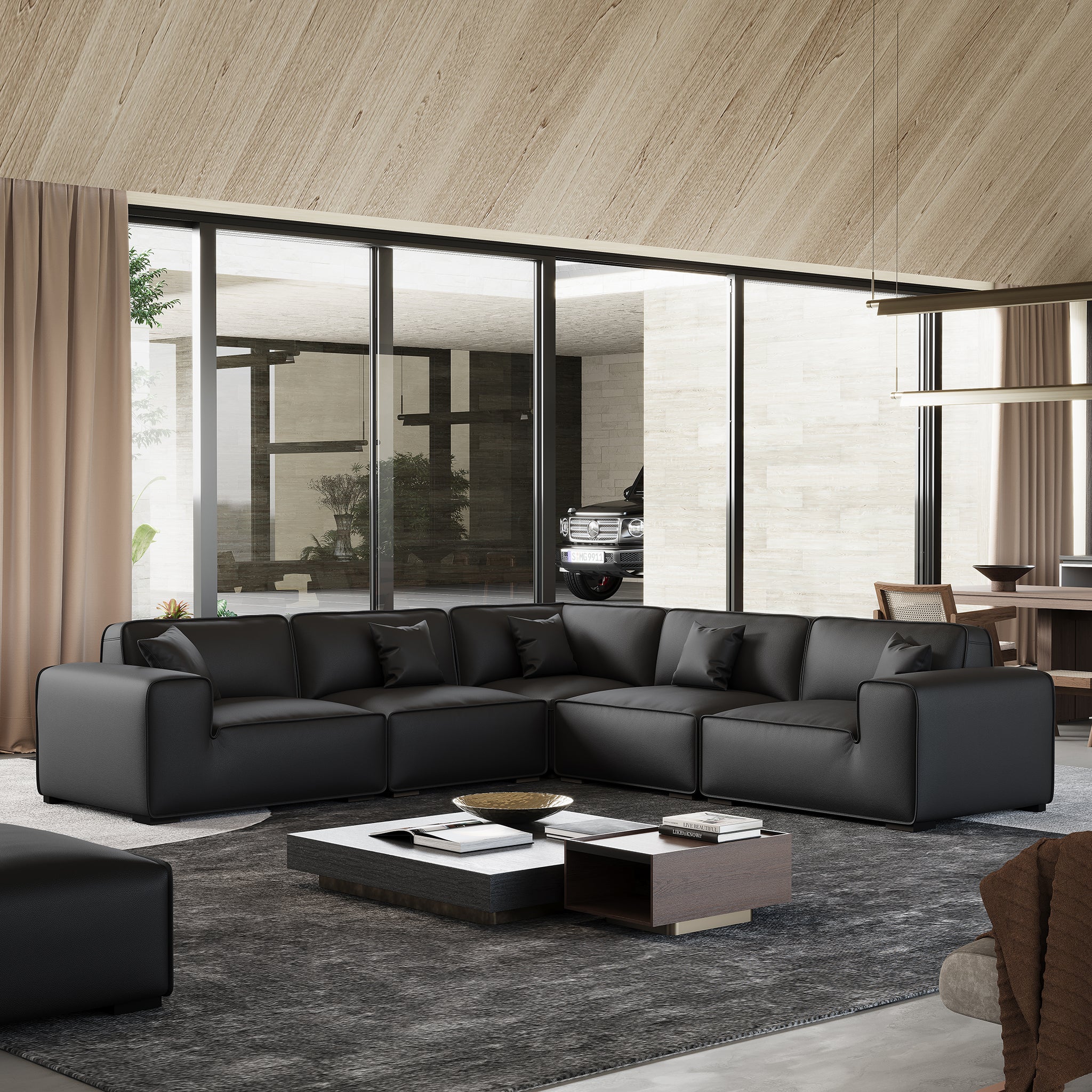 Domus Modular Black Leather L-Shaped Sectional