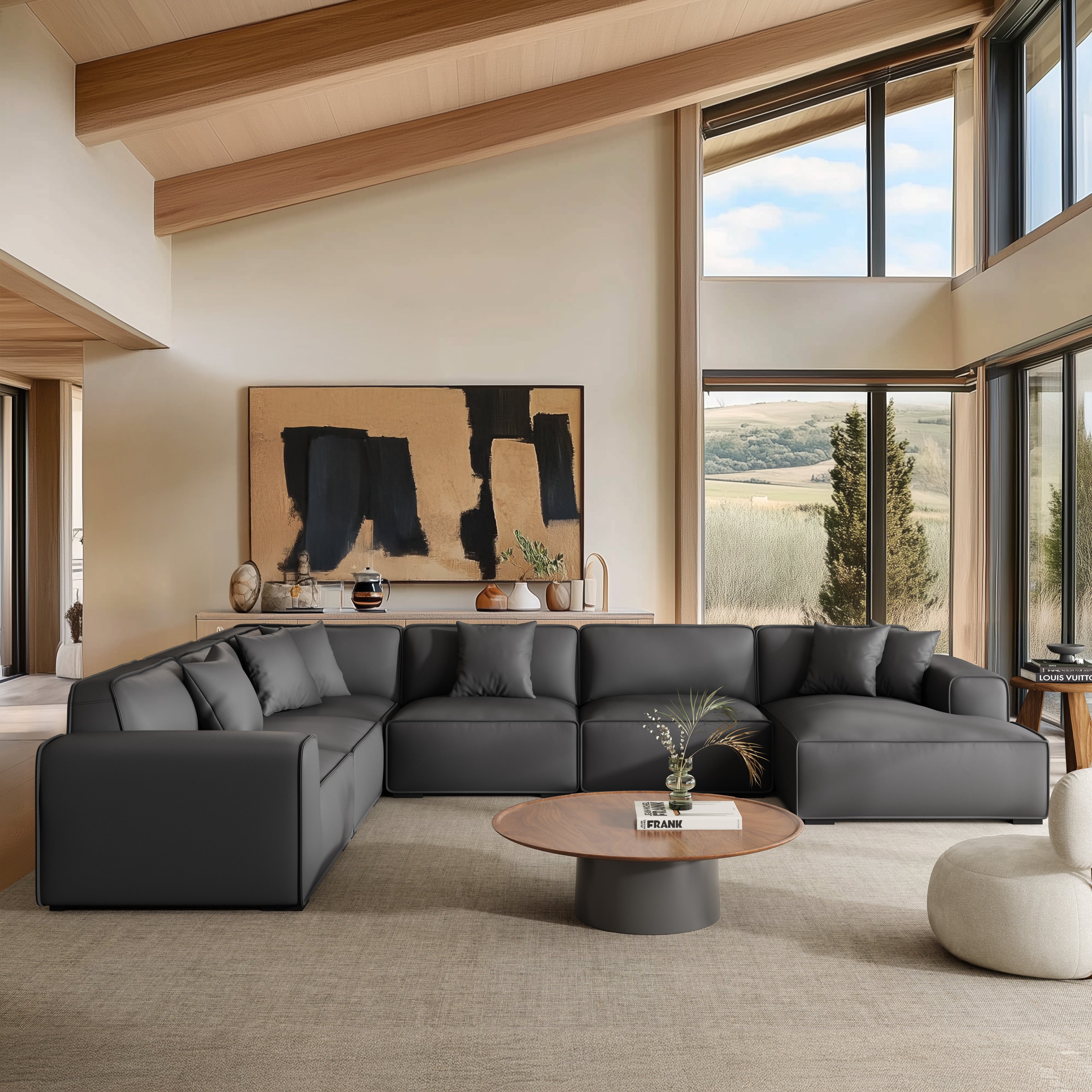 Domus Modular Black Leather U-Shaped Sectional