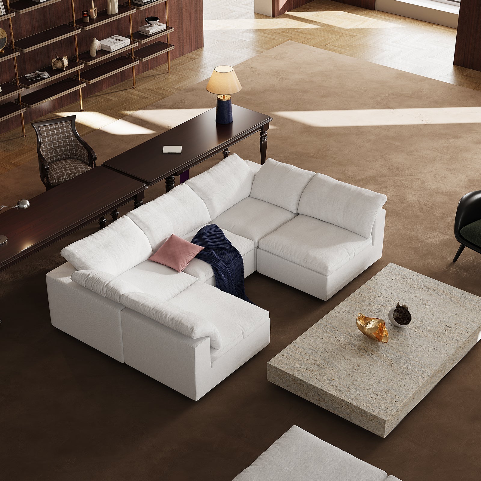 Canapé d'angle beige en forme de U Tender Wabi-Sabi avec extrémités ouvertes