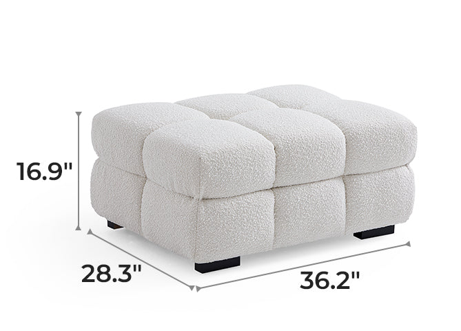 Cushy White Boucle Fabric Tufted Sofa Ottoman