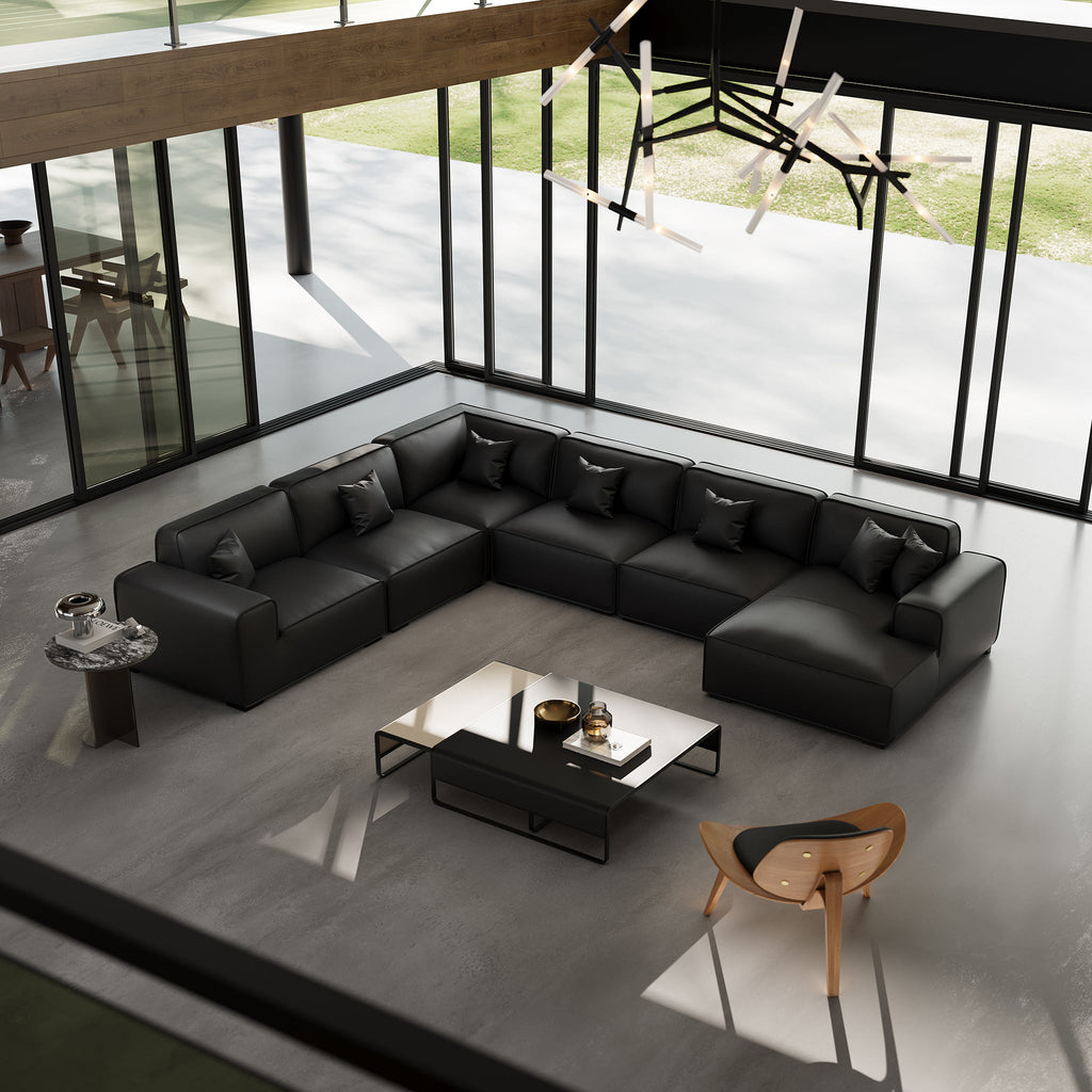 Domus Modular Black Leather U-Shaped Sectional