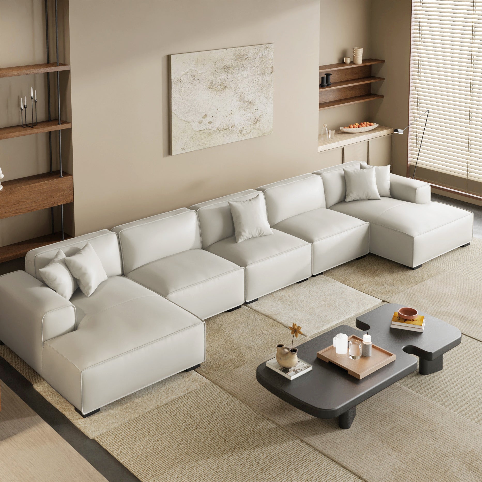 Domus Modular Black Leather Double Chaise Sectional