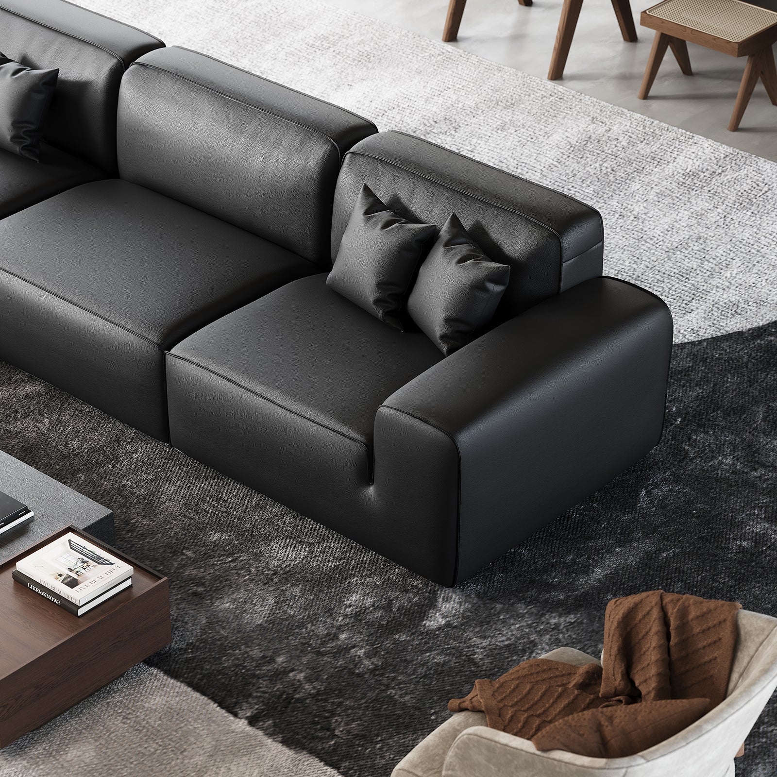 Domus Modular Black Leather Sofa