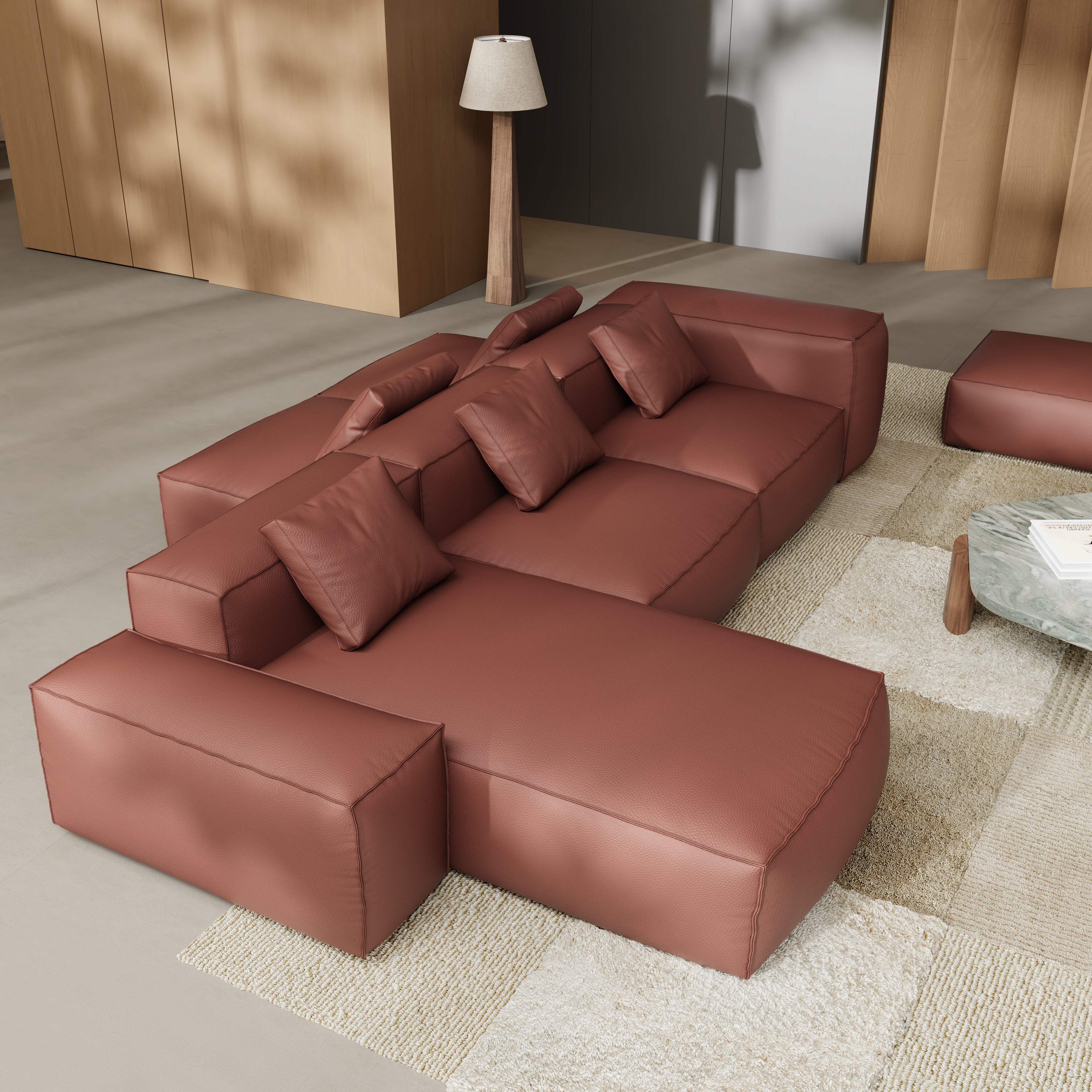Cube Modular Beige Genuine Leather Double-Sided Sectional