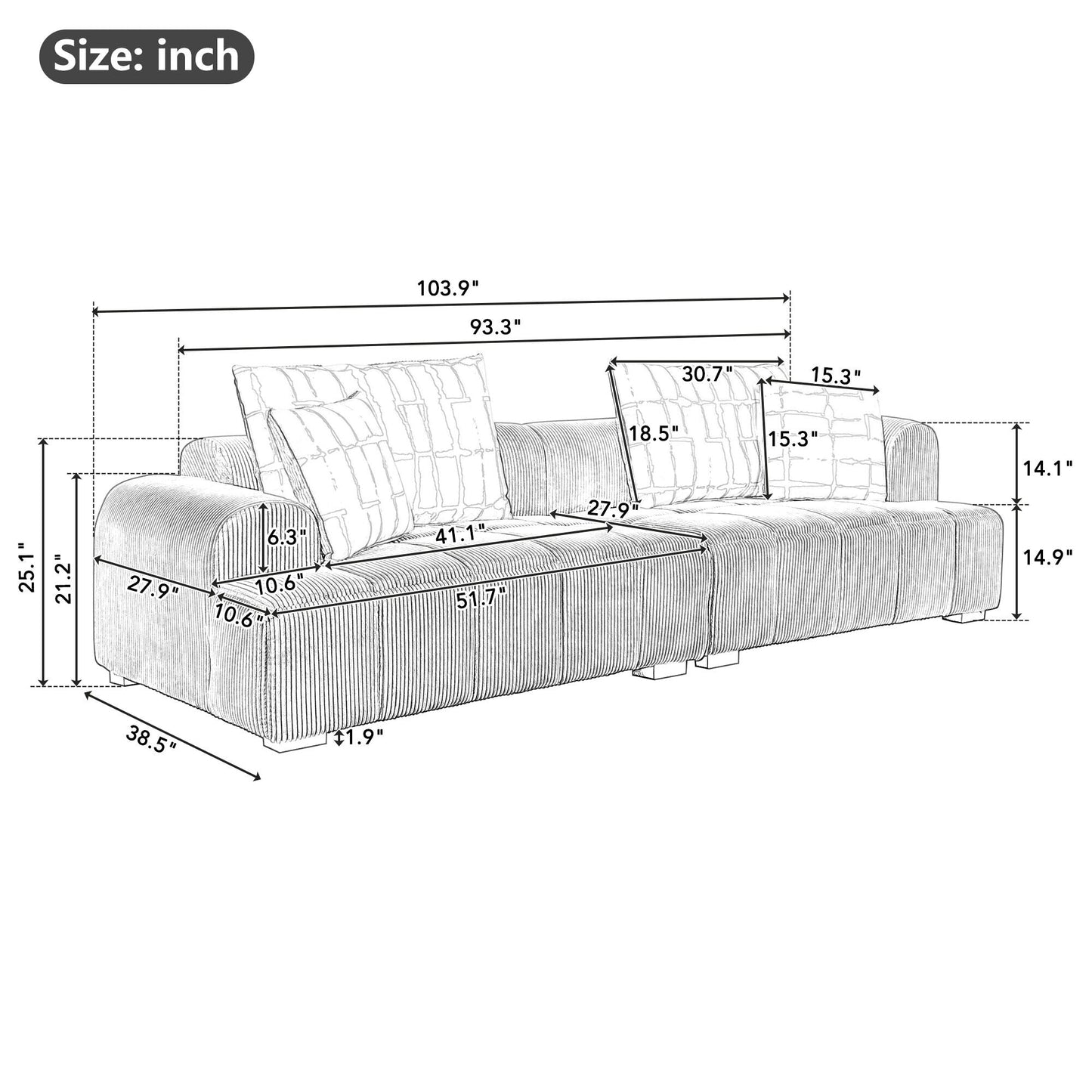 Canapé confortable en velours côtelé avec pieds et coussins en bois - 38,50 x 103,90 x 25,10