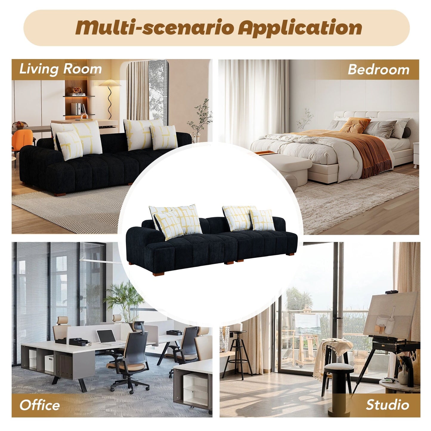 Canapé confortable en velours côtelé avec pieds et coussins en bois - 38,50 x 103,90 x 25,10