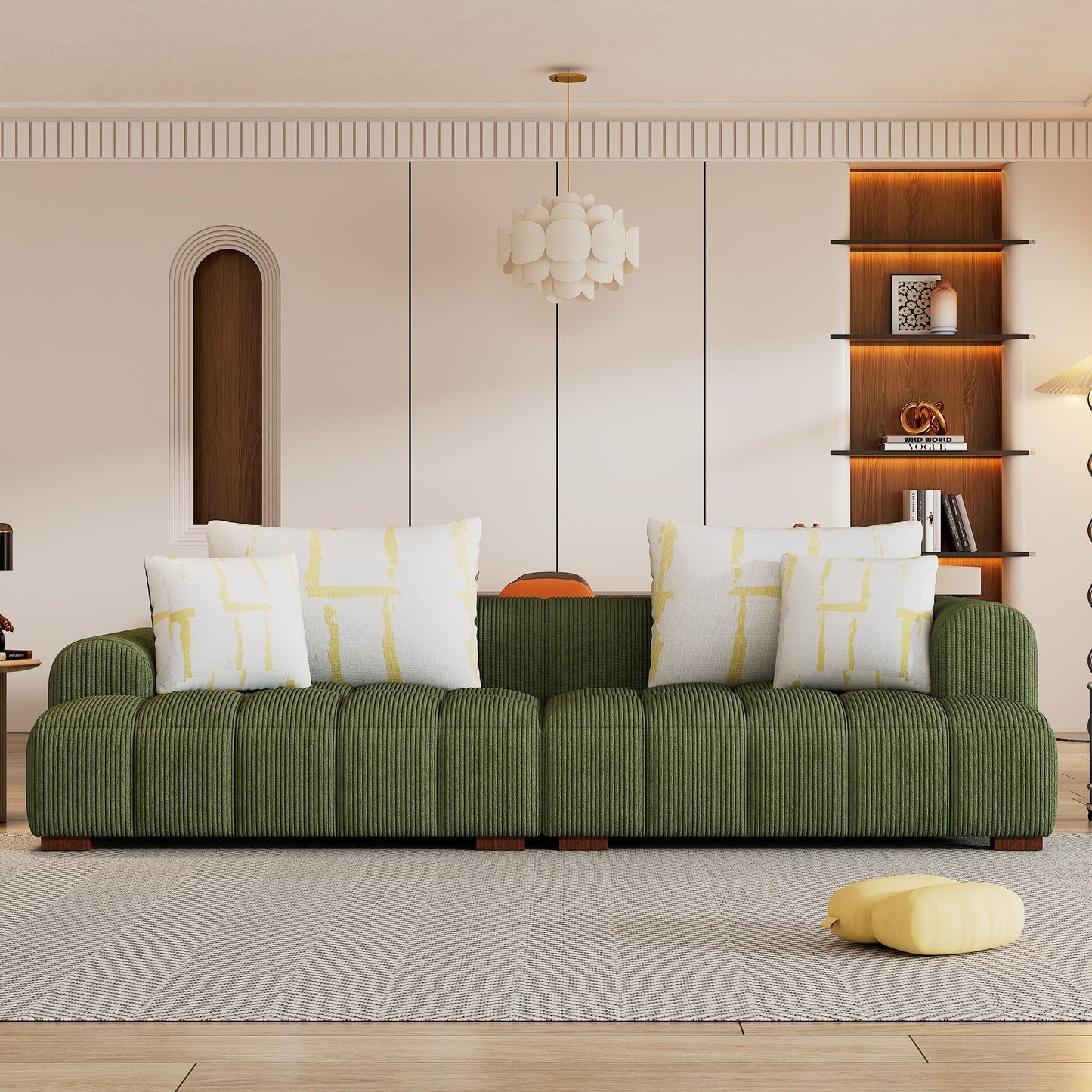 Canapé confortable en velours côtelé avec pieds et coussins en bois - 38,50 x 103,90 x 25,10