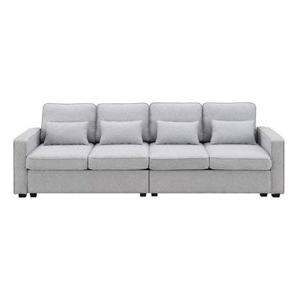 Canapé rembourré 4 places avec poches pour accoudoirs et 4 coussins, canapé moderne en lin de style minimaliste