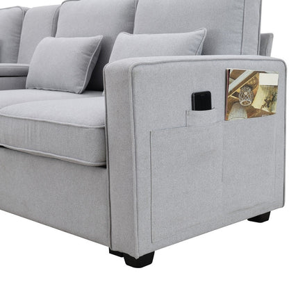 Canapé rembourré 4 places avec poches pour accoudoirs et 4 coussins, canapé moderne en lin de style minimaliste