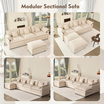 Canapé modulaire sectionnel en L 108 - Canapé Cloud 3 places avec pouf amovible et assise profonde, tissu en lin beige