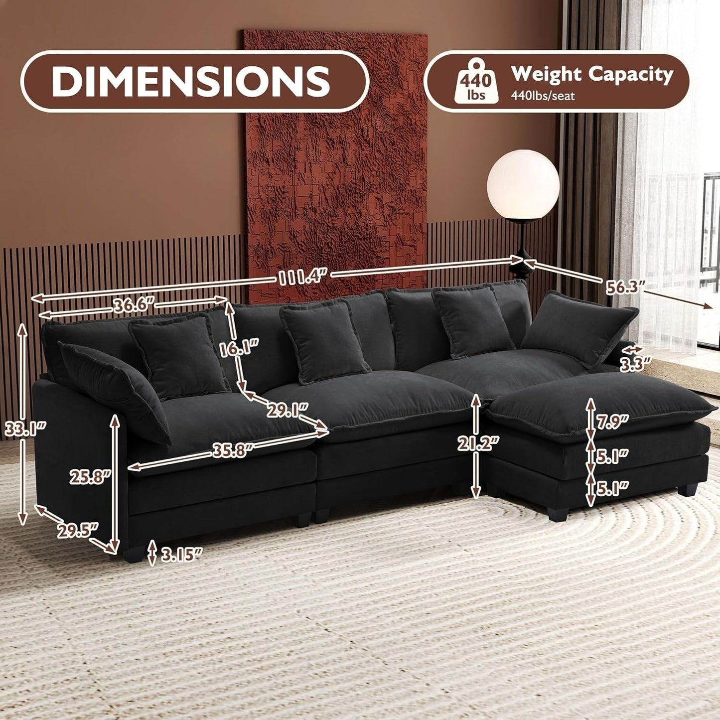 Canapé sectionnel Cloud en L avec pouf - Canapé 4 places en chenille pour salon