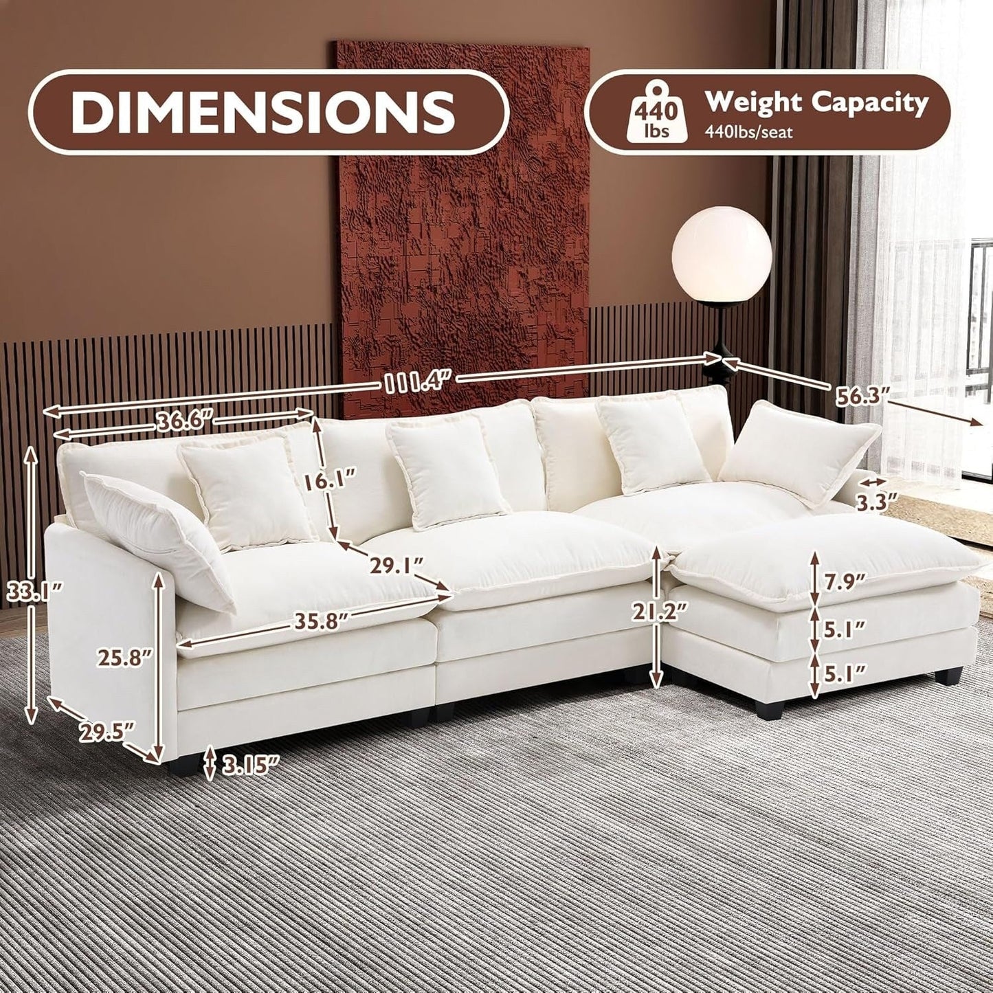 Canapé sectionnel Cloud en L avec pouf - Canapé 4 places en chenille pour salon