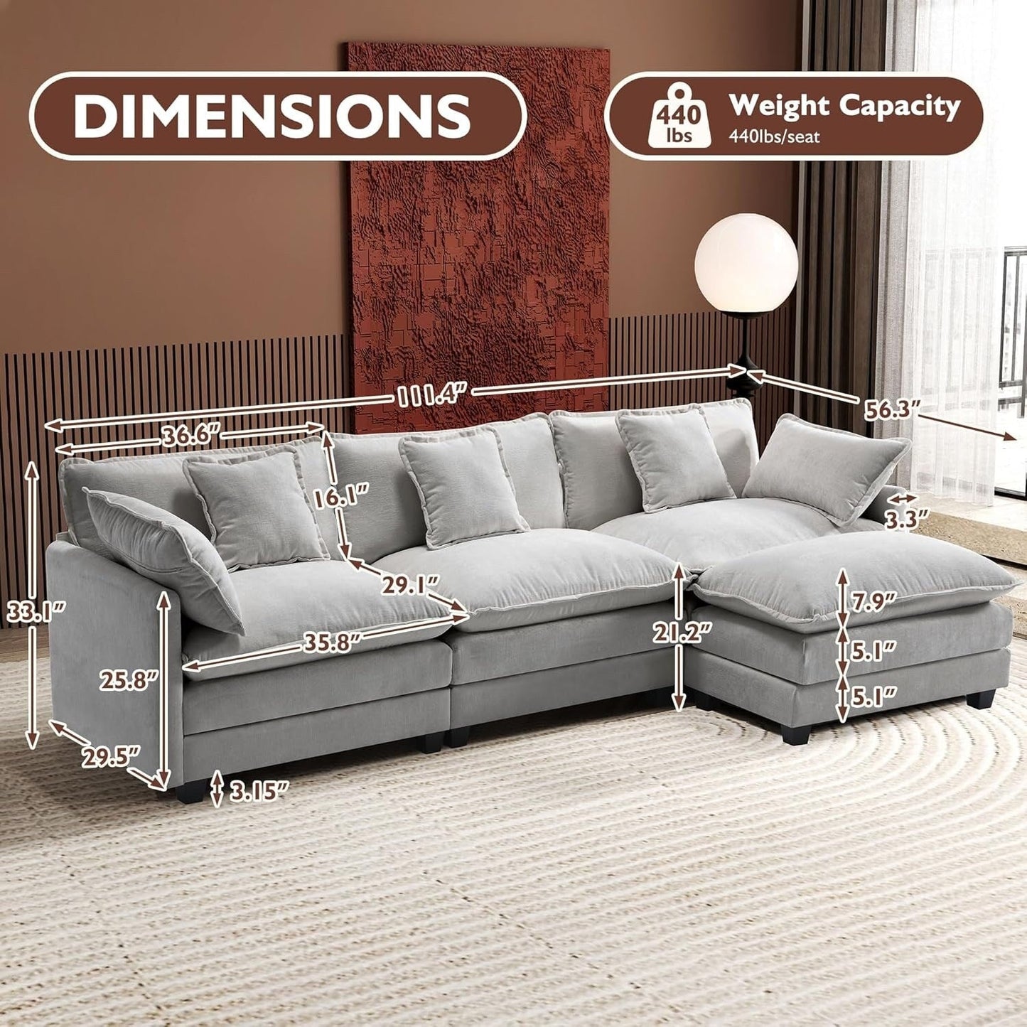 Canapé sectionnel Cloud en L avec pouf - Canapé 4 places en chenille pour salon