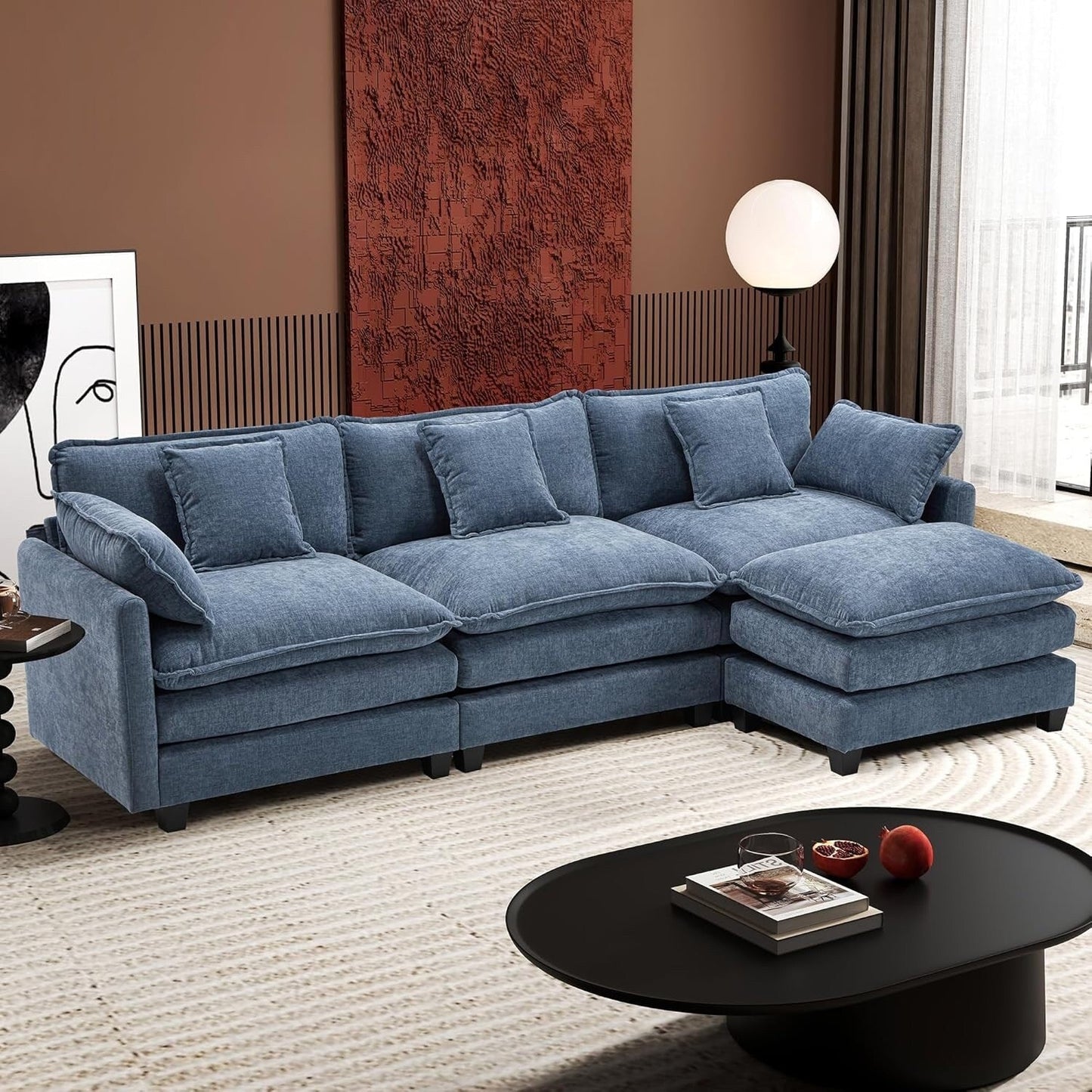 Canapé sectionnel Cloud en L avec pouf - Canapé 4 places en chenille pour salon