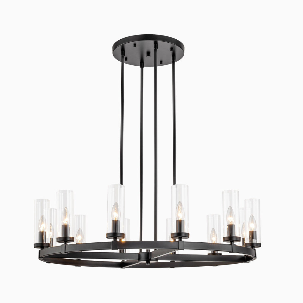 Lustre à 12 lumières en forme de roue de chariot en verre transparent, style moderne du milieu du siècle, grand modèle doré/noir
