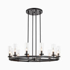 Lustre à 12 lumières en forme de roue de chariot en verre transparent, style moderne du milieu du siècle, grand modèle doré/noir