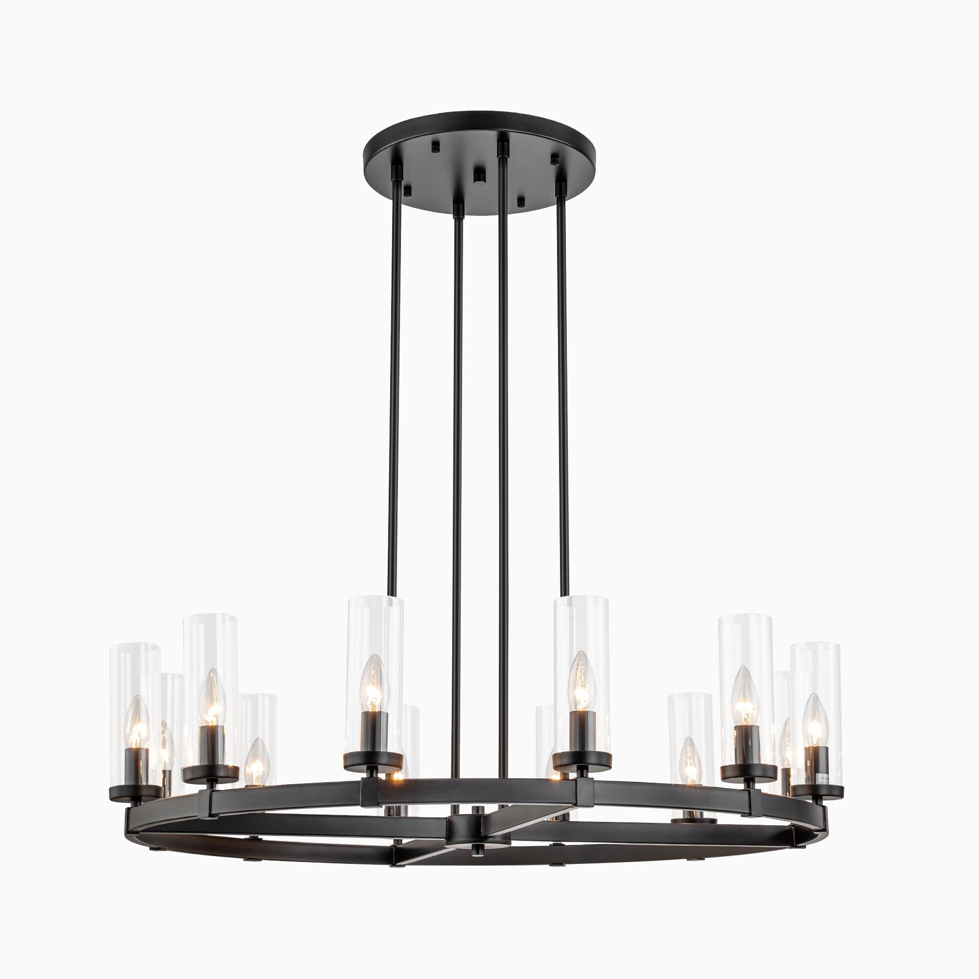 Lustre à 12 lumières en forme de roue de chariot en verre transparent, style moderne du milieu du siècle, grand modèle doré/noir
