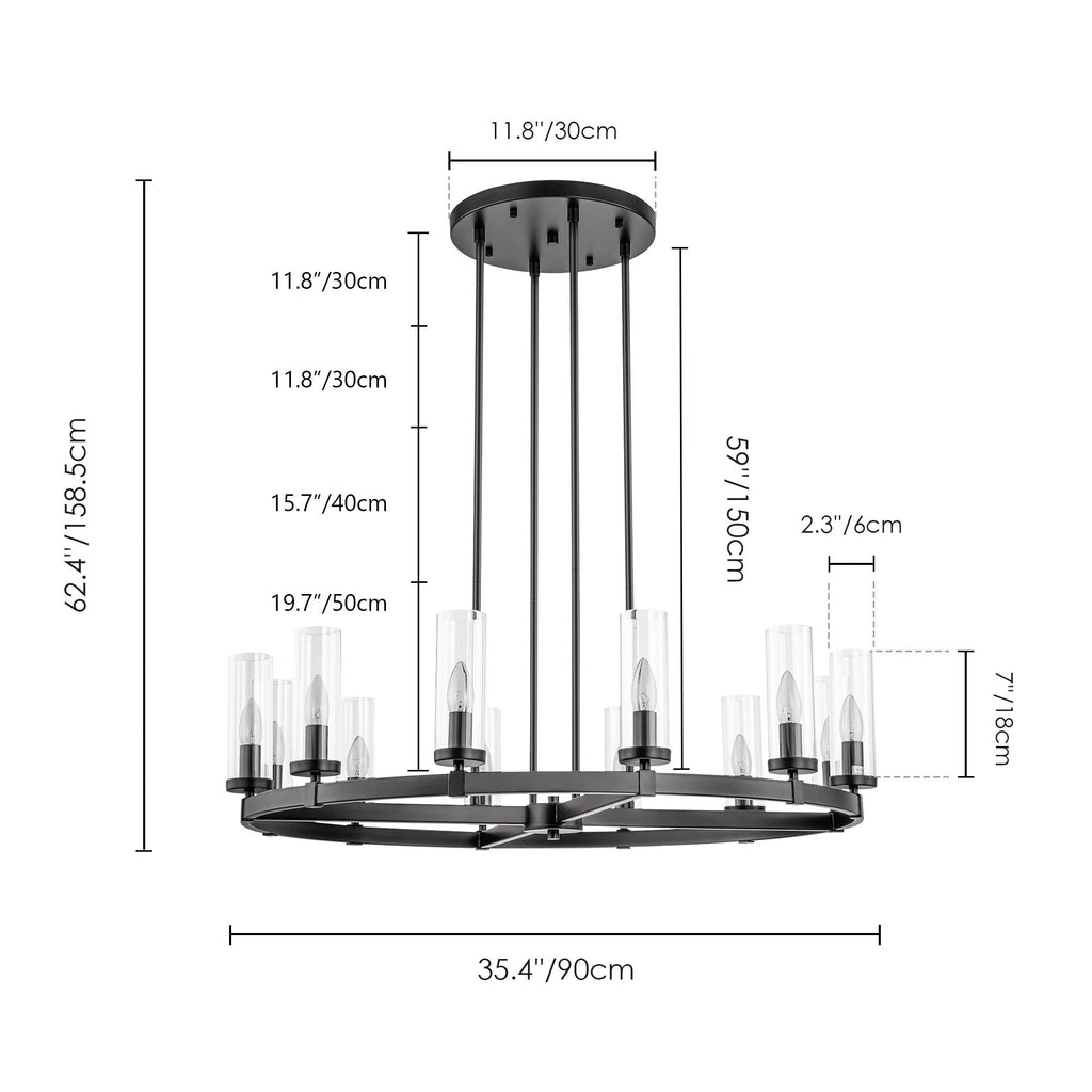 Lustre à 12 lumières en forme de roue de chariot en verre transparent, style moderne du milieu du siècle, grand modèle doré/noir