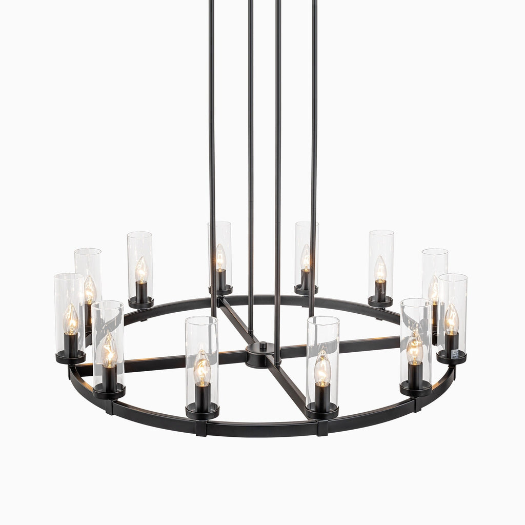 Lustre à 12 lumières en forme de roue de chariot en verre transparent, style moderne du milieu du siècle, grand modèle doré/noir