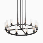 Lustre à 12 lumières en forme de roue de chariot en verre transparent, style moderne du milieu du siècle, grand modèle doré/noir