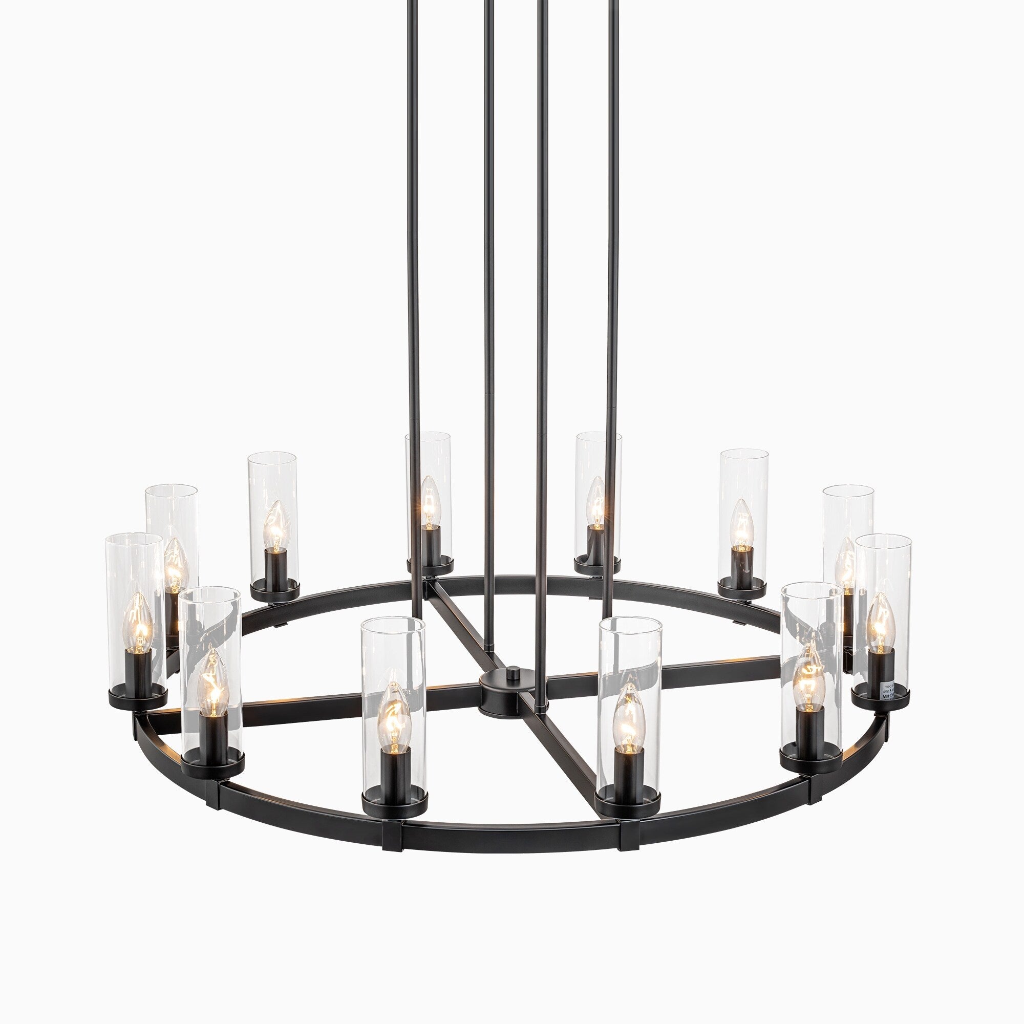 Lustre à 12 lumières en forme de roue de chariot en verre transparent, style moderne du milieu du siècle, grand modèle doré/noir