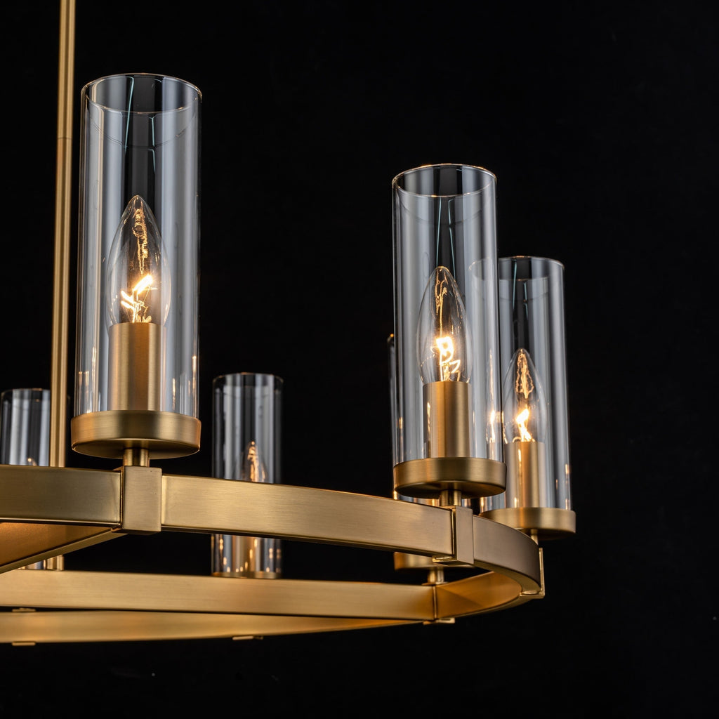 Lustre à 12 lumières en forme de roue de chariot en verre transparent, style moderne du milieu du siècle, grand modèle doré/noir