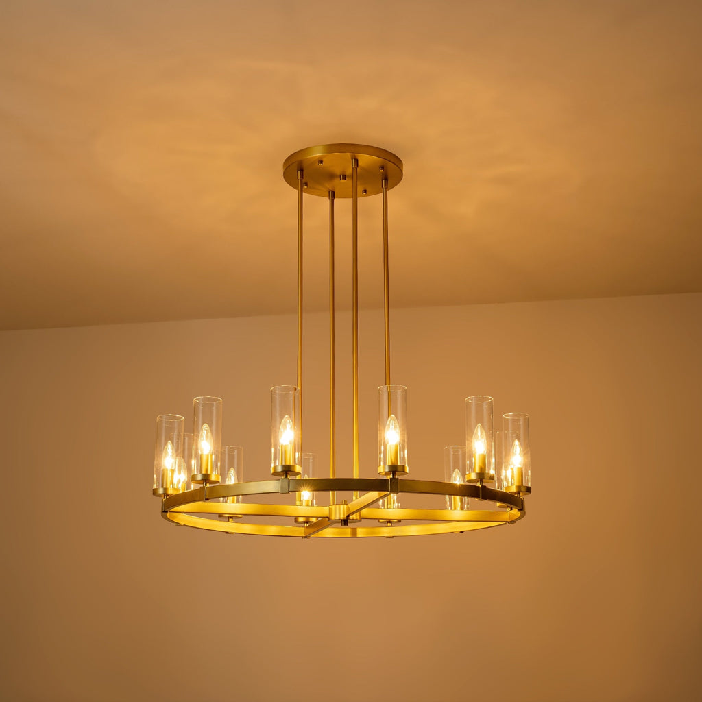 Lustre à 12 lumières en forme de roue de chariot en verre transparent, style moderne du milieu du siècle, grand modèle doré/noir