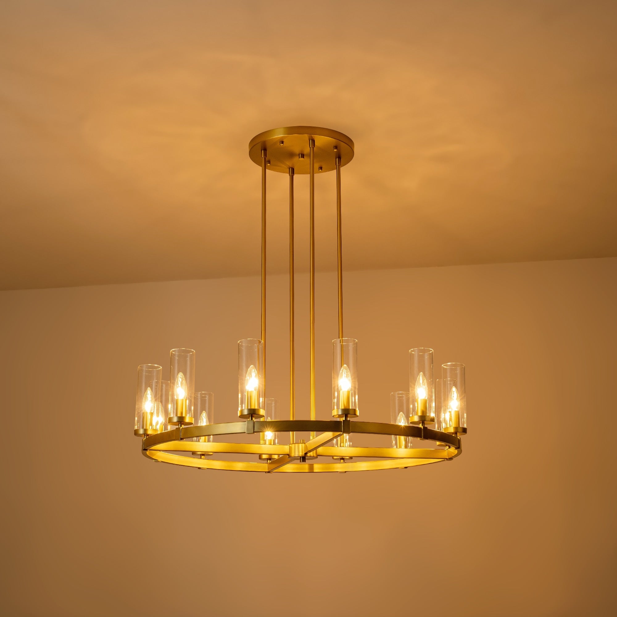 Lustre à 12 lumières en forme de roue de chariot en verre transparent, style moderne du milieu du siècle, grand modèle doré/noir