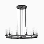 Lustre à 12 lumières en forme de roue de chariot en verre transparent, style moderne du milieu du siècle, grand modèle doré/noir