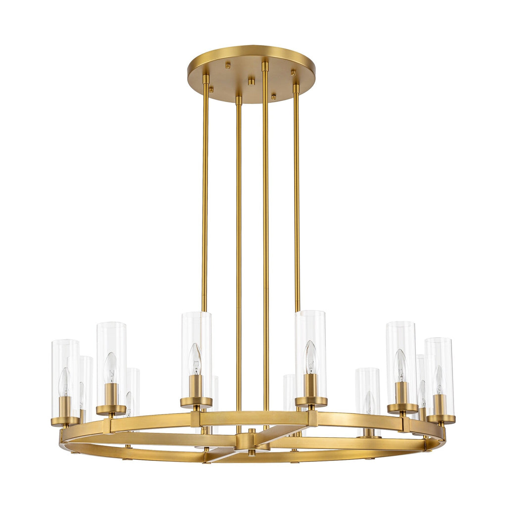 Lustre à 12 lumières en forme de roue de chariot en verre transparent, style moderne du milieu du siècle, grand modèle doré/noir