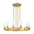 Lustre à 12 lumières en forme de roue de chariot en verre transparent, style moderne du milieu du siècle, grand modèle doré/noir