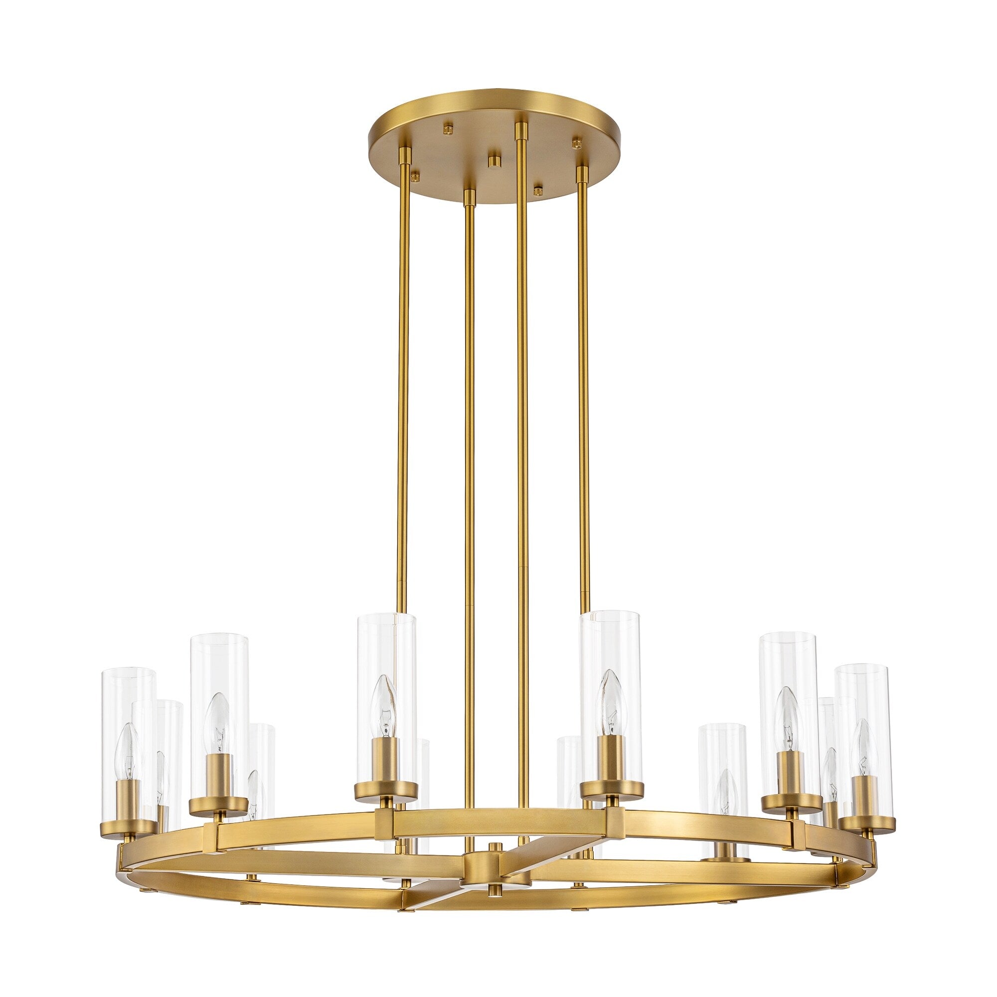 Lustre à 12 lumières en forme de roue de chariot en verre transparent, style moderne du milieu du siècle, grand modèle doré/noir