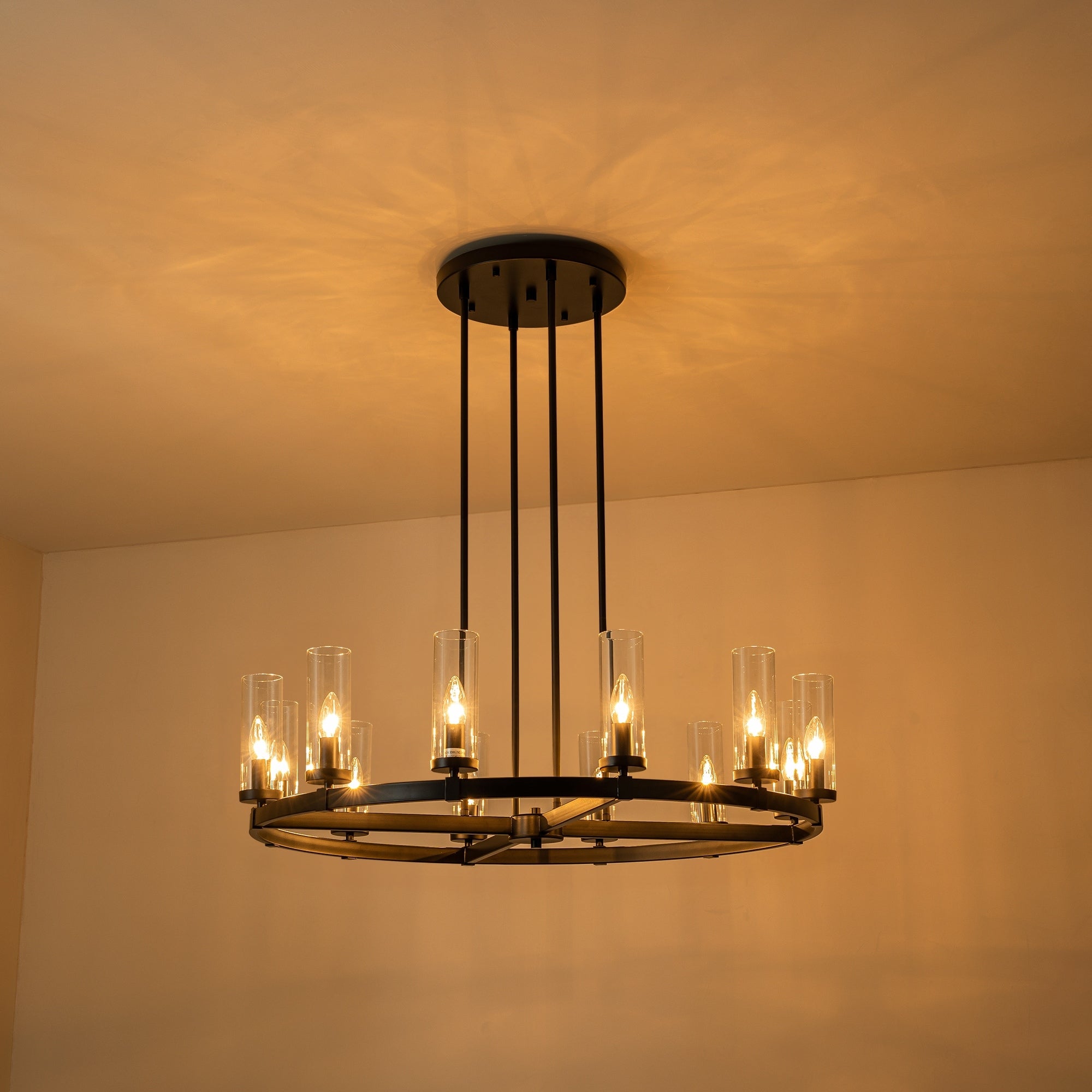 Lustre à 12 lumières en forme de roue de chariot en verre transparent, style moderne du milieu du siècle, grand modèle doré/noir