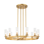 Lustre à 12 lumières en forme de roue de chariot en verre transparent, style moderne du milieu du siècle, grand modèle doré/noir