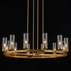 Lustre à 12 lumières en forme de roue de chariot en verre transparent, style moderne du milieu du siècle, grand modèle doré/noir