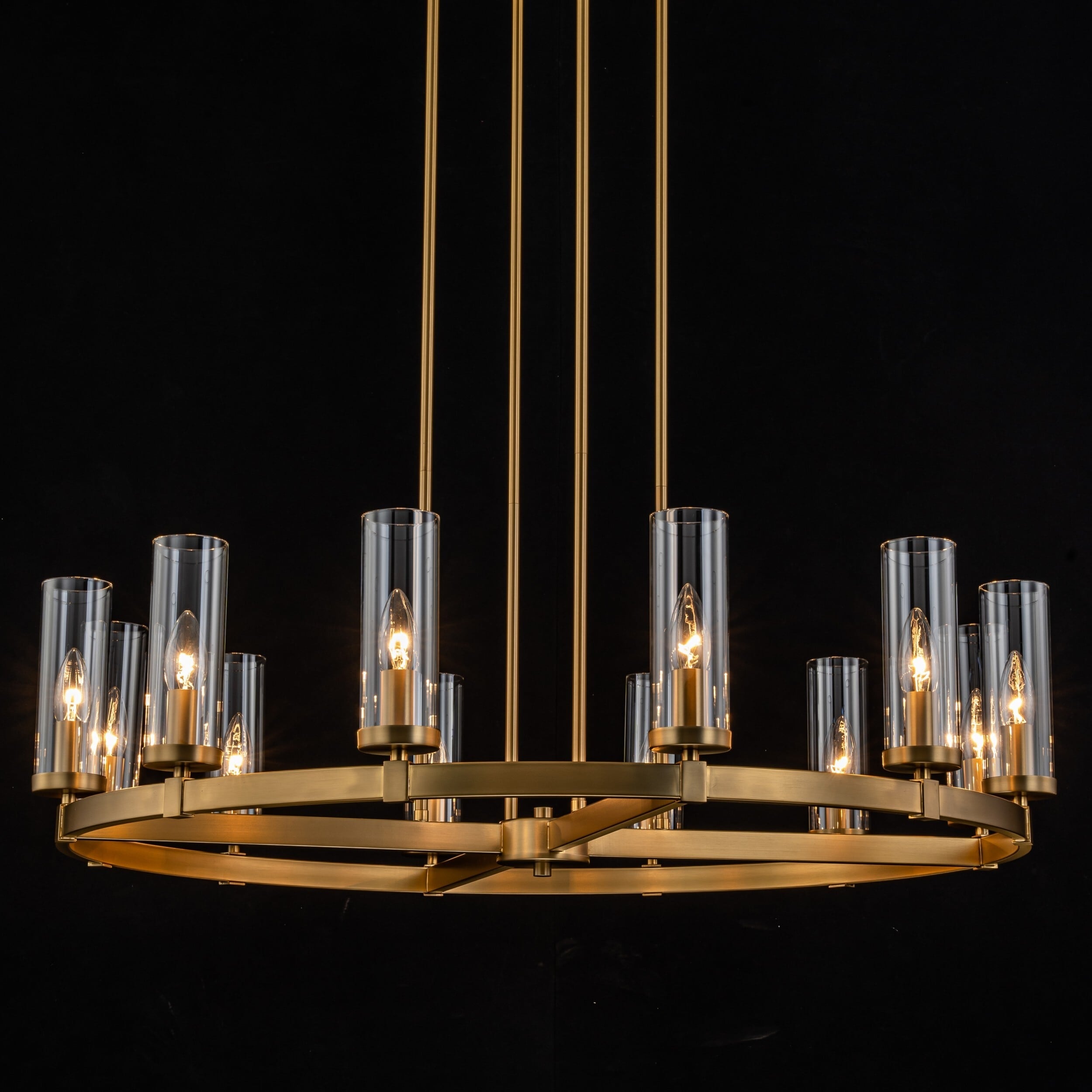 Lustre à 12 lumières en forme de roue de chariot en verre transparent, style moderne du milieu du siècle, grand modèle doré/noir