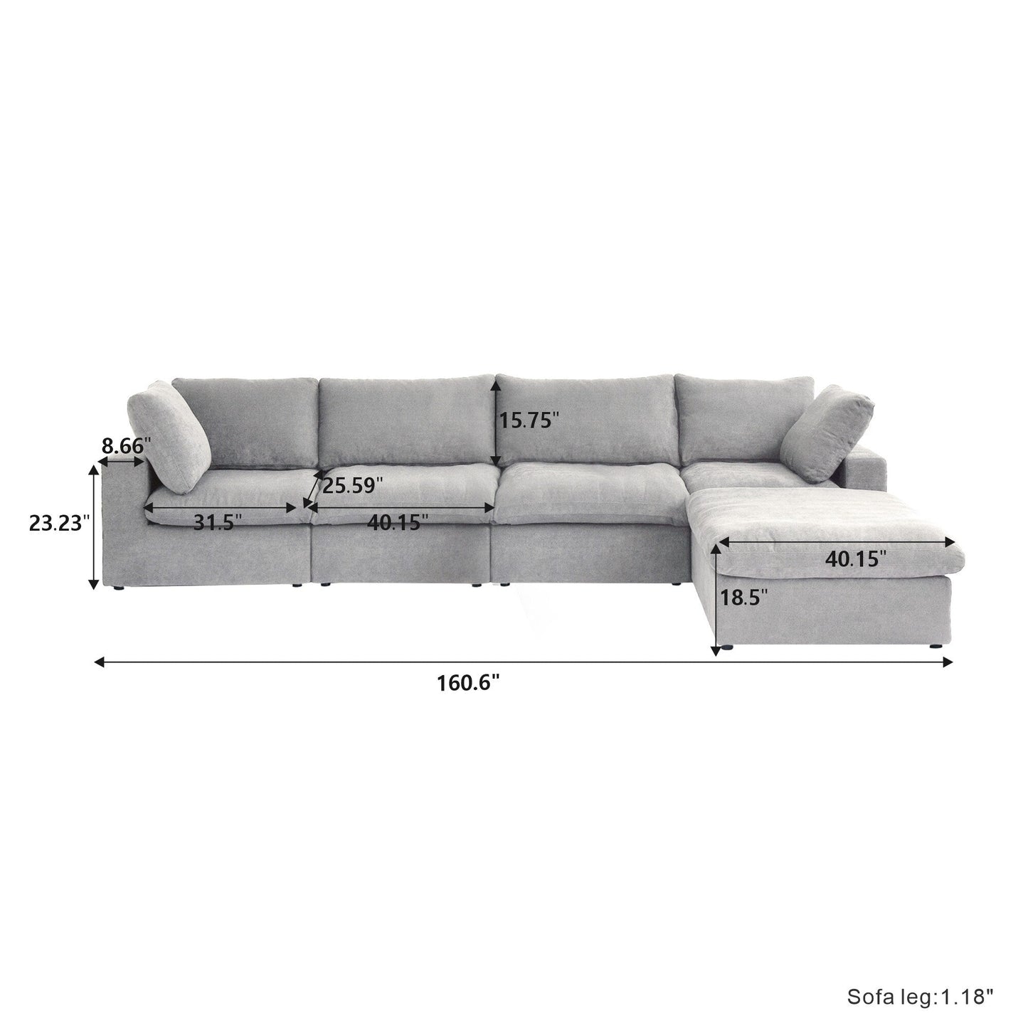 Canapé sectionnel moderne en forme de L de 120 pouces, canapé modulaire en lin avec pouf de rangement