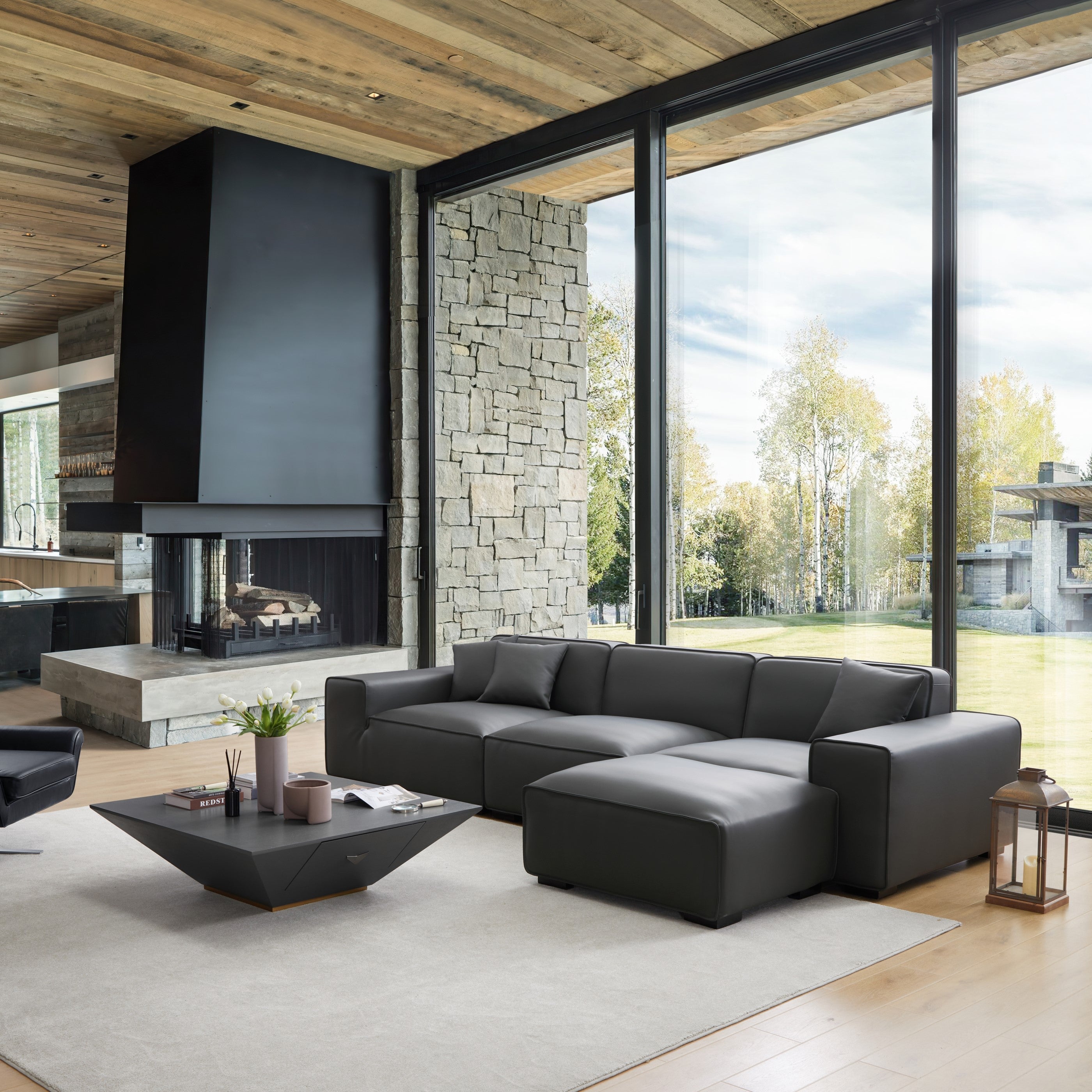 Domus Modular Dark Gray Leather Sofa and Ottoman