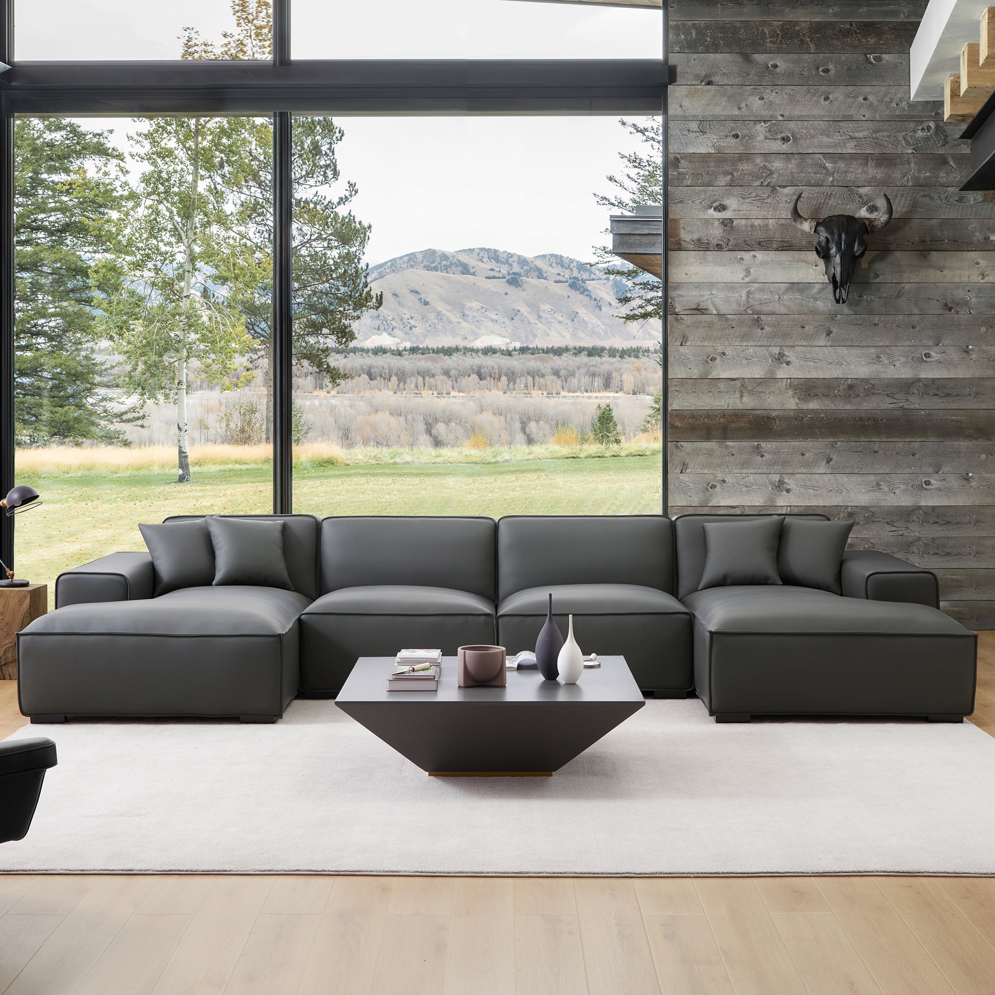 Domus Modular Dark Gray Leather U-Shaped Sectional Sofa
