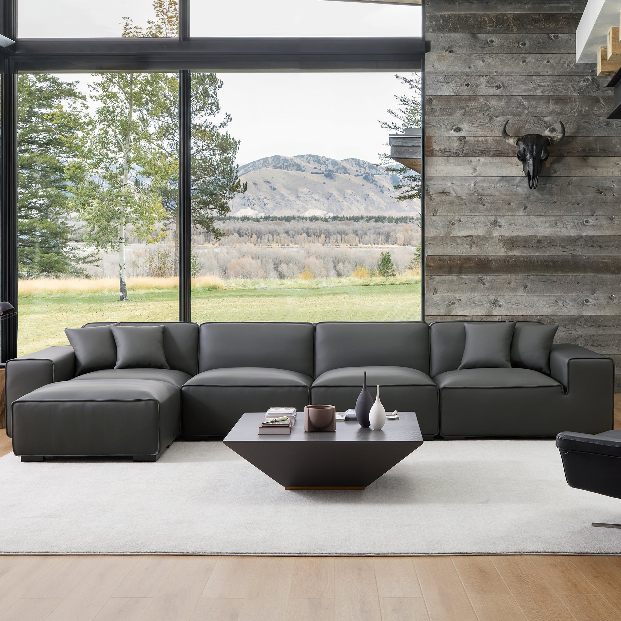 Domus Modular Dark Gray Leather Sofa and Ottoman