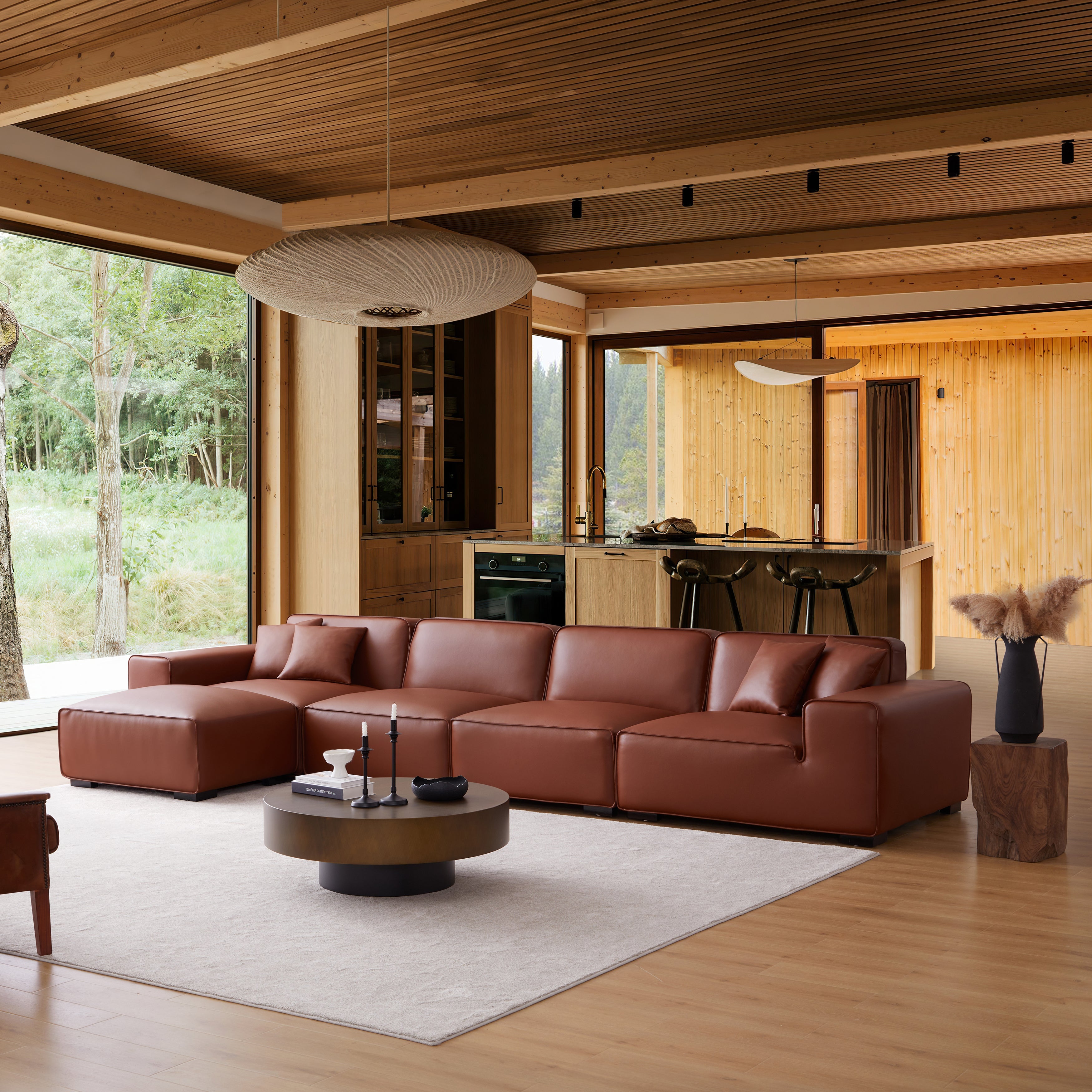 Domus Modular Brown Leather Sofa and Ottoman