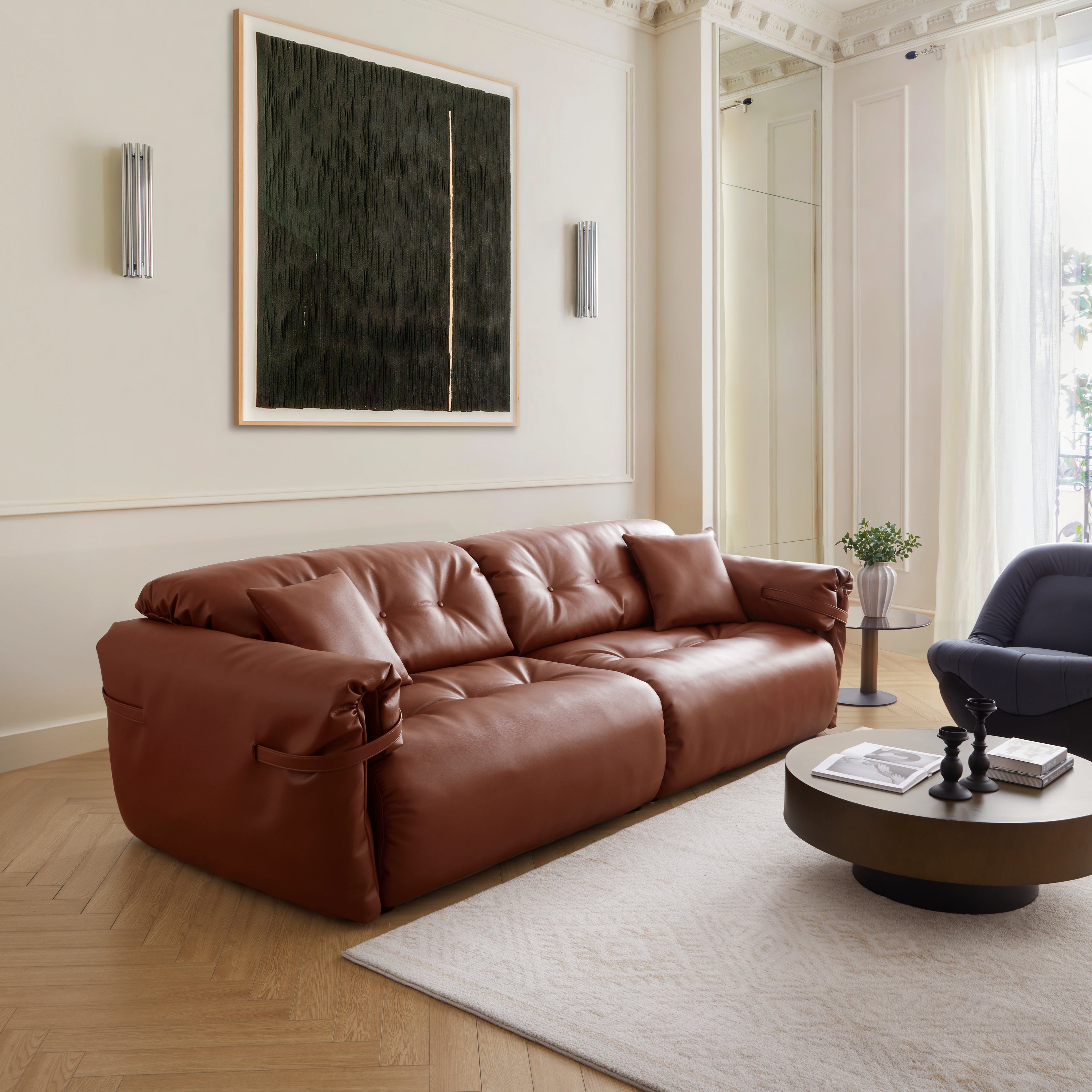 Butter Tufted Reddish Brown Genuine Leather Sofa