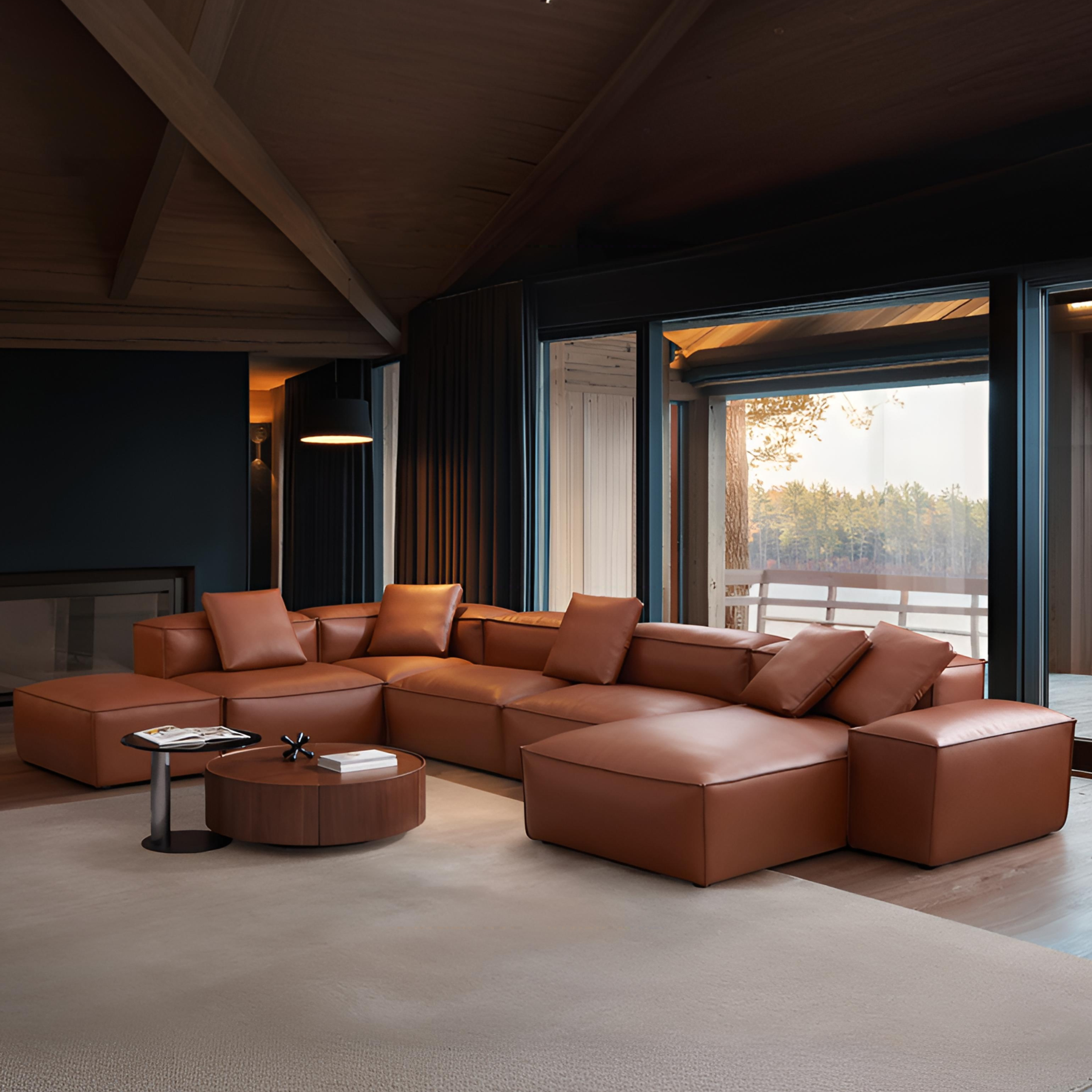 Cube Modular Brown Genuine Leather U-Shaped Sectional with Ottoman