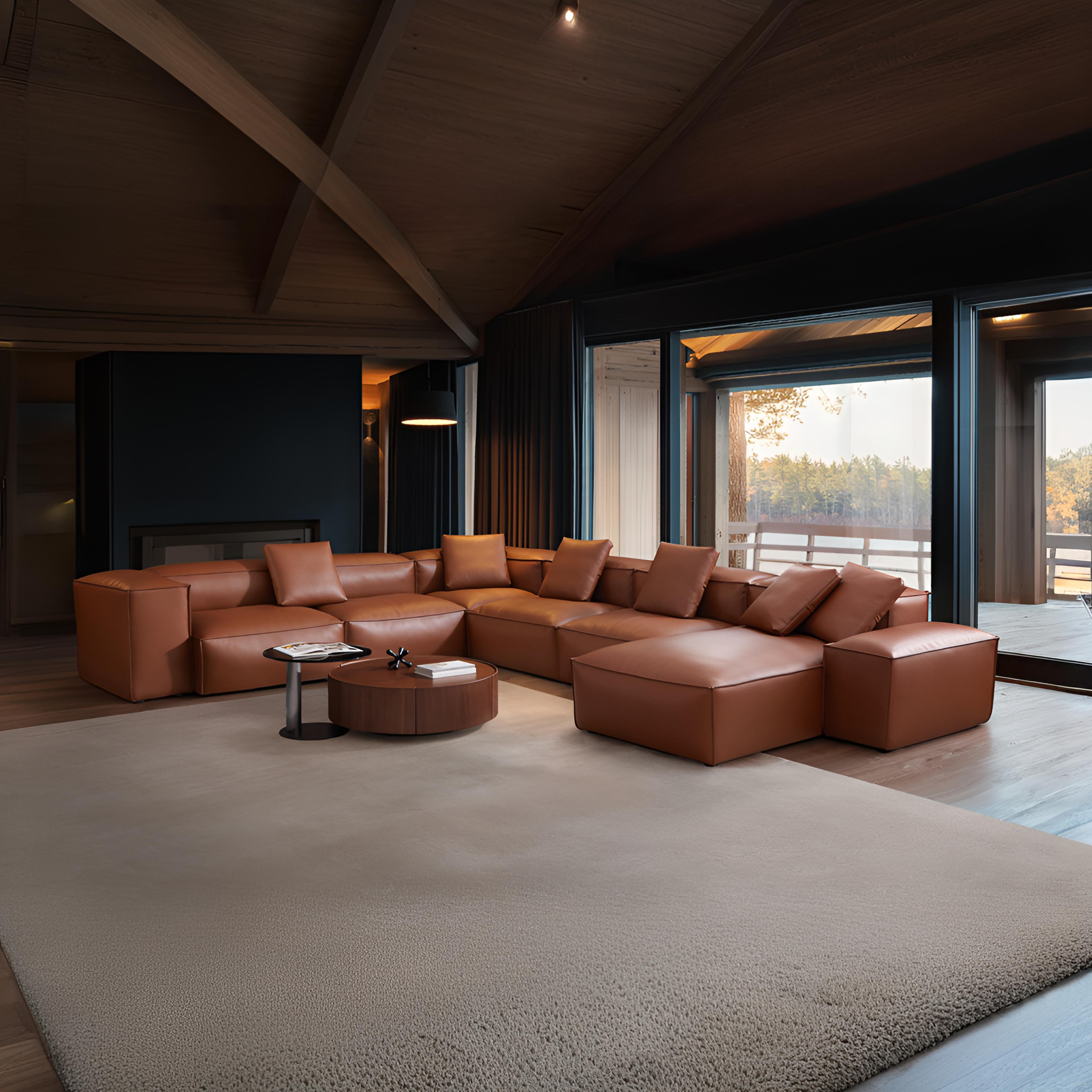 Cube Modular Brown Genuine Leather U-Shaped Sectional