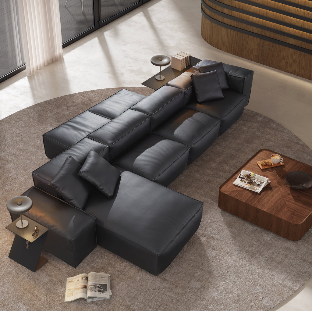 Cube Modular Black Genuine Leather Double-Sided Sectional