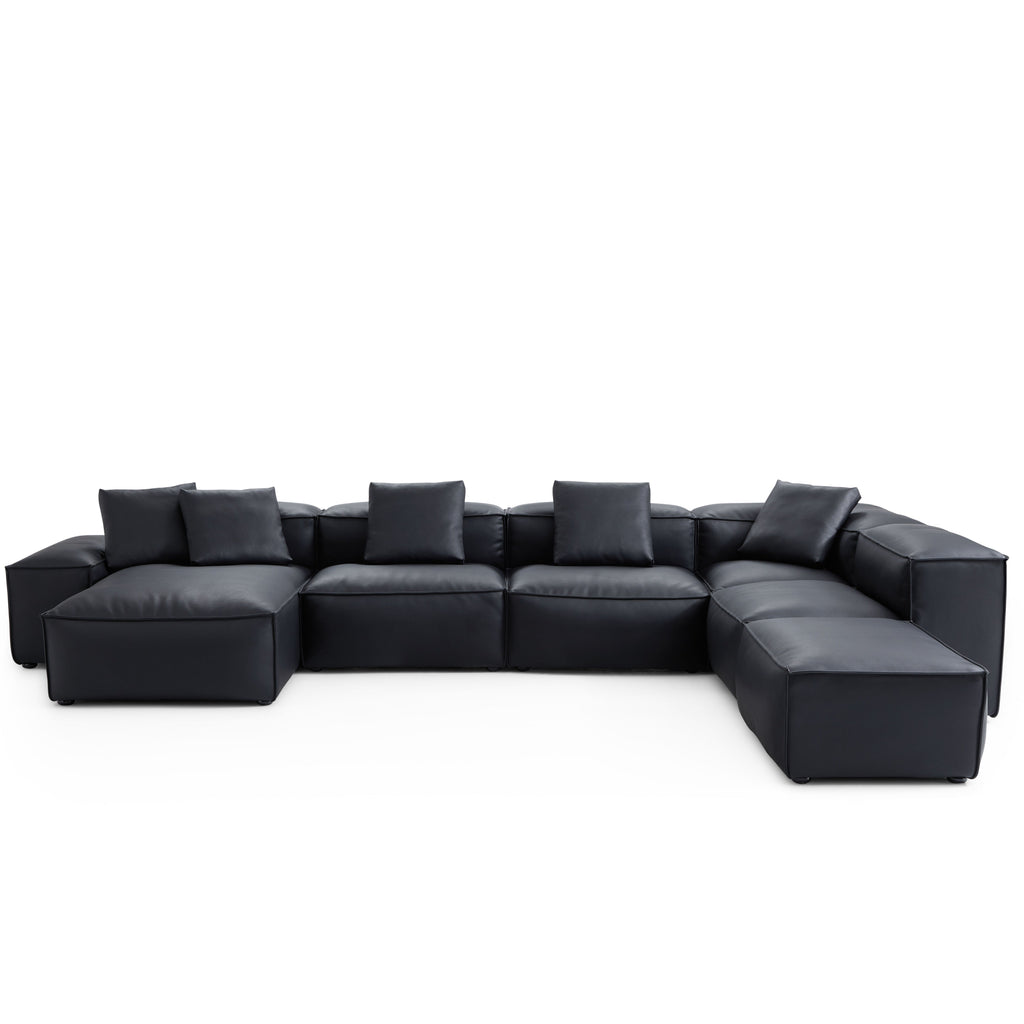 Cube Modular Black Genuine Leather U-Shaped Sectional with Ottoman