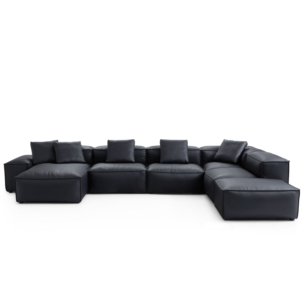 Cube Modular Black Genuine Leather U-Shaped Sectional with Ottoman